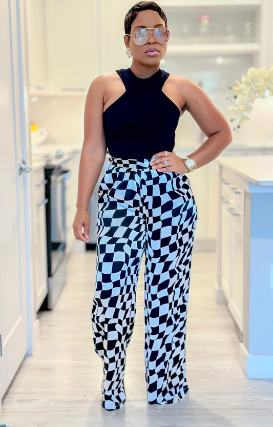 SATIN BLACK/WHITE CHECKER WIDE LEG PANTS