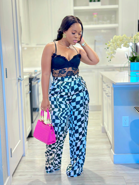 SATIN BLACK/WHITE CHECKER WIDE LEG PANTS