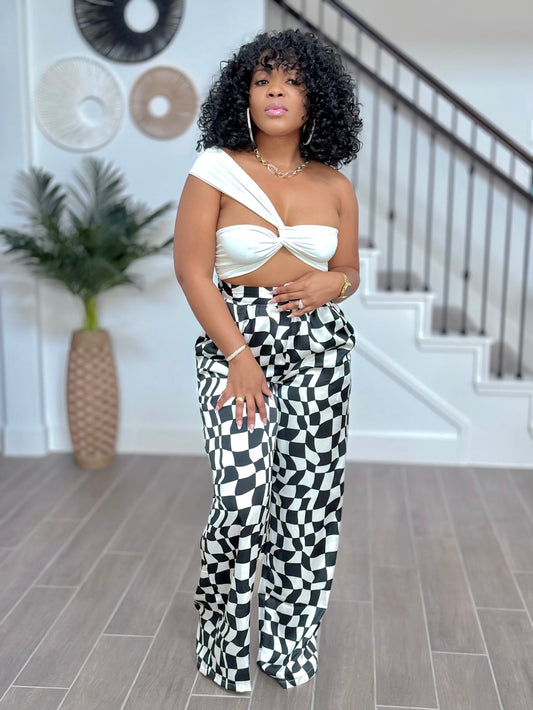 SATIN BLACK/WHITE CHECKER WIDE LEG PANTS