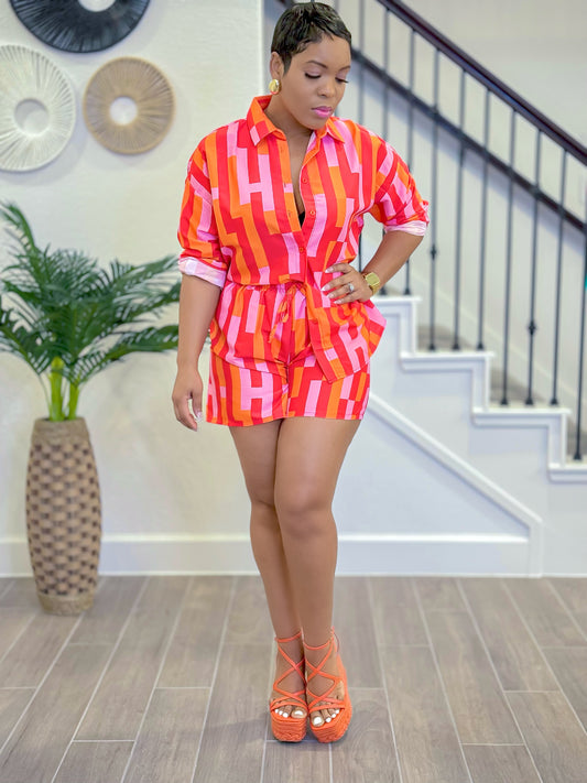 Orange multi SHORTS SET