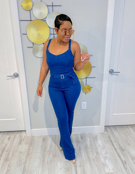 OPEN BACK DENIM BELTED JUMPSUIT